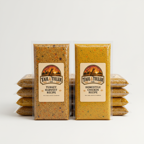 Two fresh dog food packs front-facing with a stack behind them